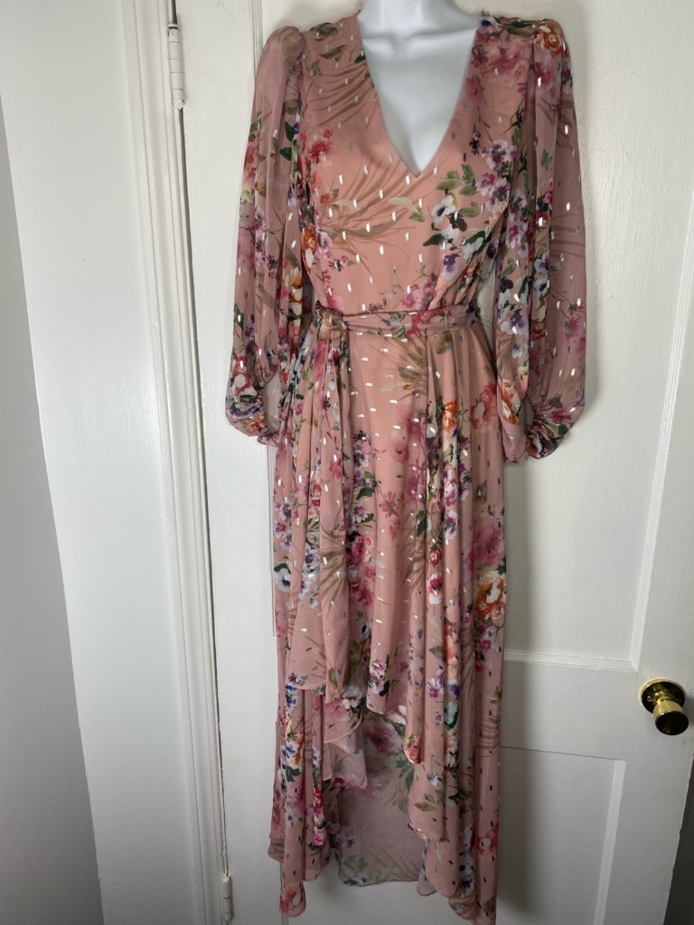 Eliza J Long Sleeve Surplus Chiffon Blush Pink Floral Foil V-Neck Maxi Dress
